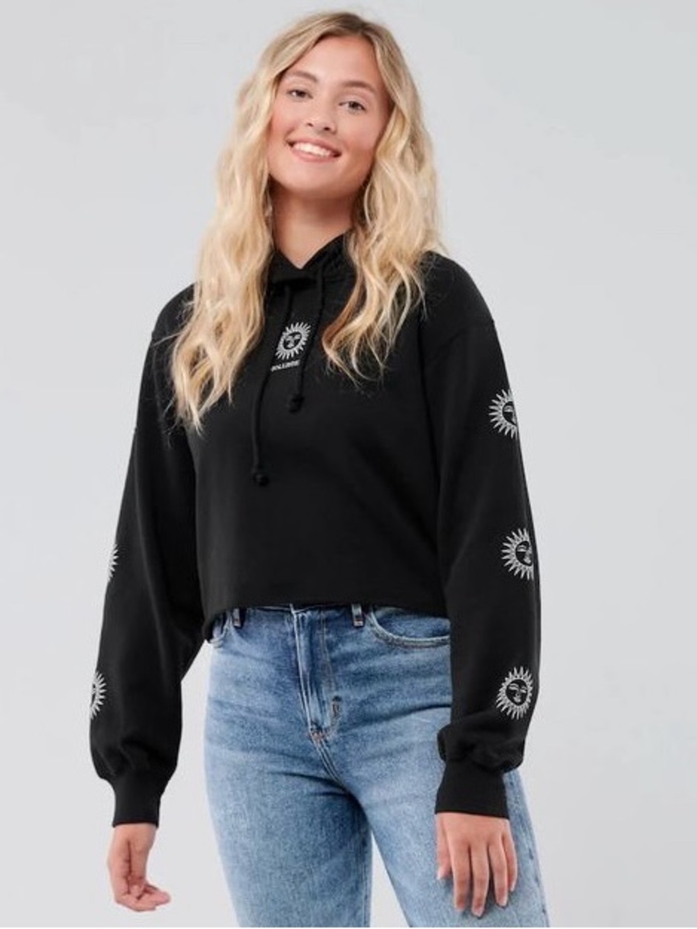 Hollister Embroidered Sun Cropped Hoodie Celestial Women’s Large Sweatshirt